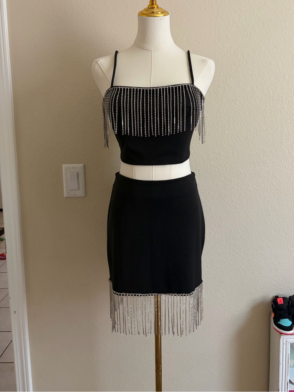 Better Be Black Rhinestone Fringe Two-Piece Mini Set